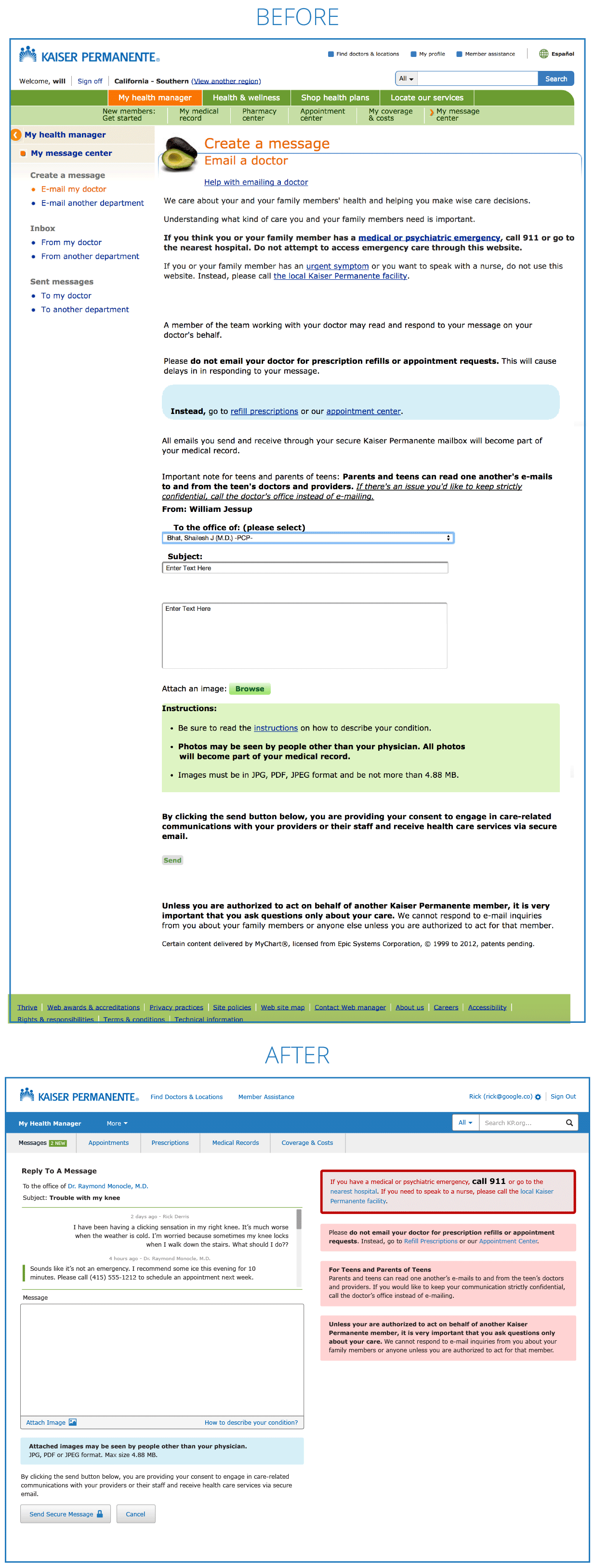 KP.org Send and Reply to Message before and after design